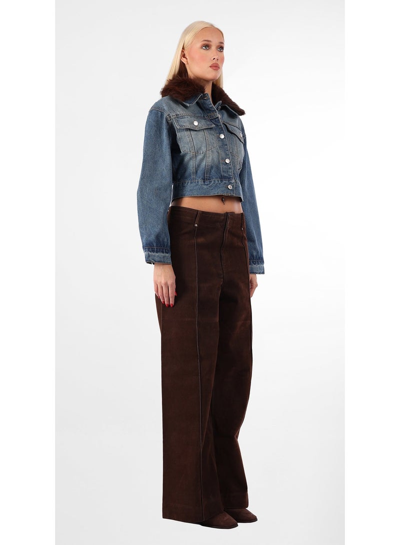 كيفيلي جاكيت جينز قصير بياقة فرو صناعي - Image 3